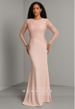 Blush Long Sleeves Appliqued Floor-Length Scoop Trumpet Evening Gown