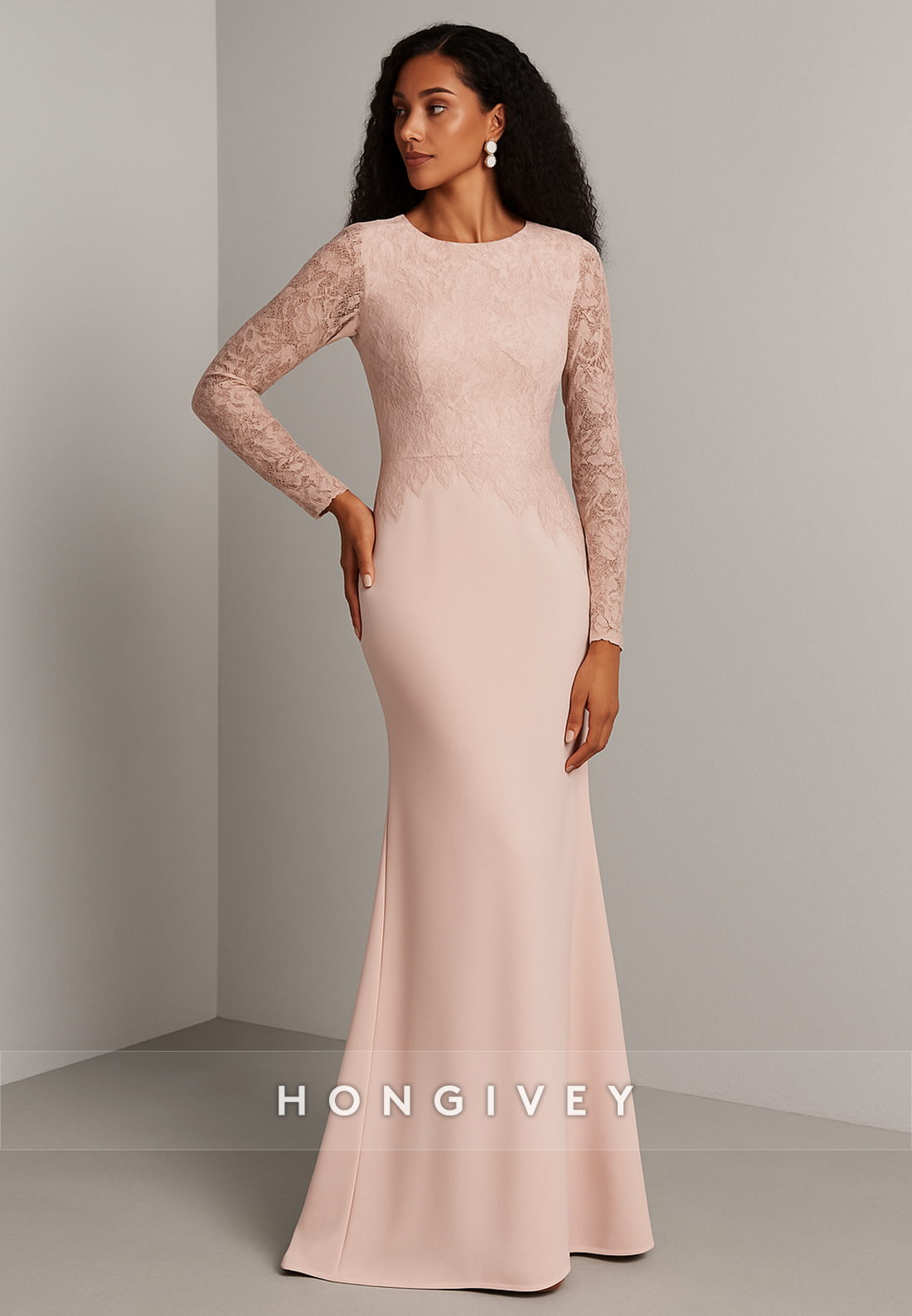Blush Long Sleeves Appliqued Floor-Length Scoop Trumpet Evening Gown