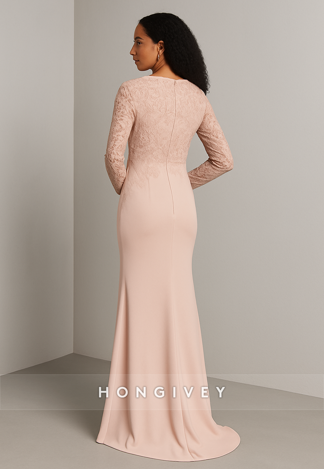 Blush Long Sleeves Appliqued Floor-Length Scoop Trumpet Evening Gown