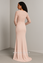 Blush Long Sleeves Appliqued Floor-Length Scoop Trumpet Evening Gown