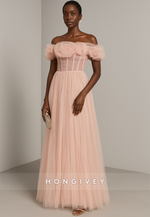 Blush Off the Shoulder Floor-Length A-Line Ruched Tulle Evening Gowns