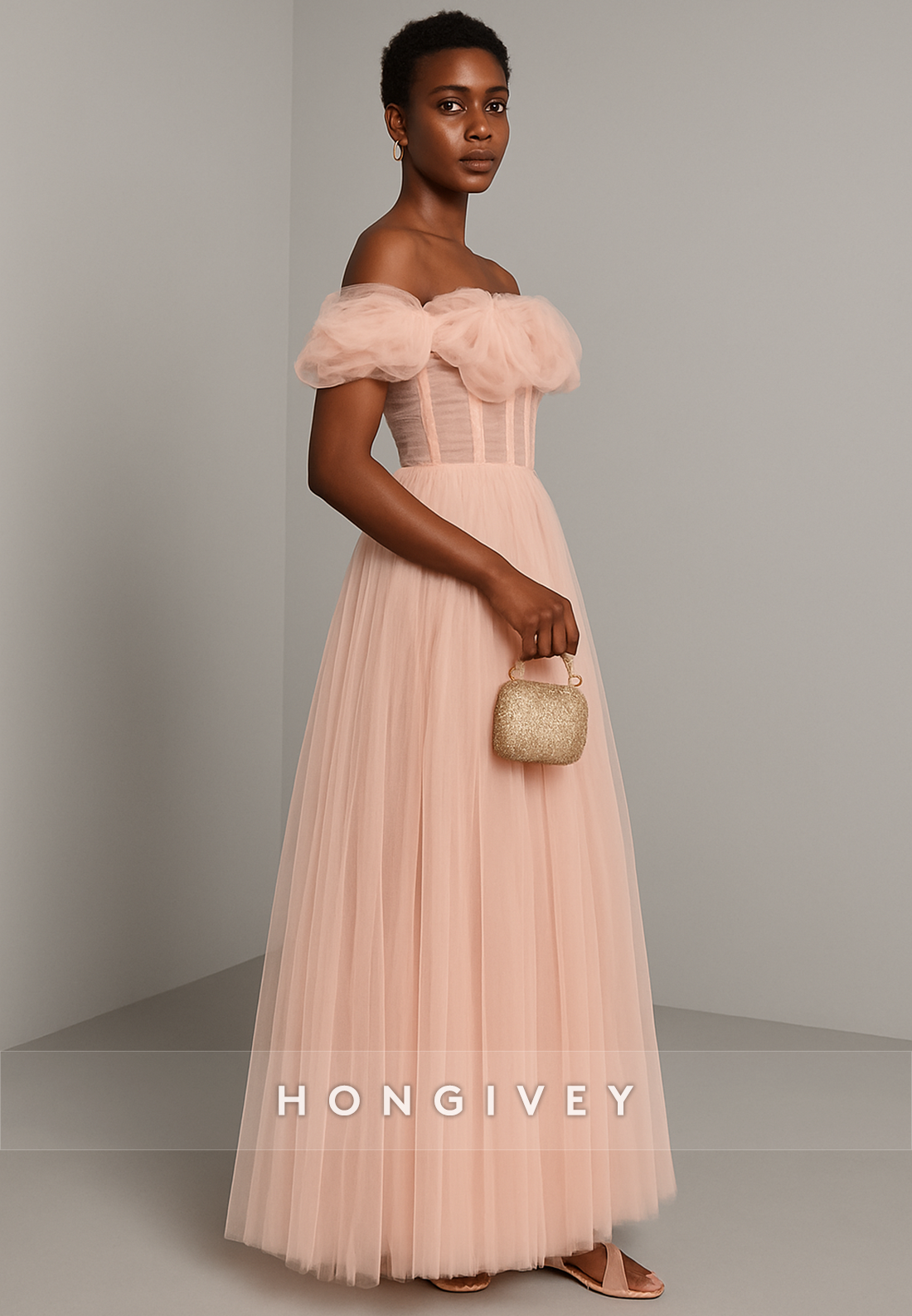 Blush Off the Shoulder Floor-Length A-Line Ruched Tulle Evening Gowns
