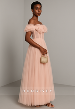 Blush Off the Shoulder Floor-Length A-Line Ruched Tulle Evening Gowns