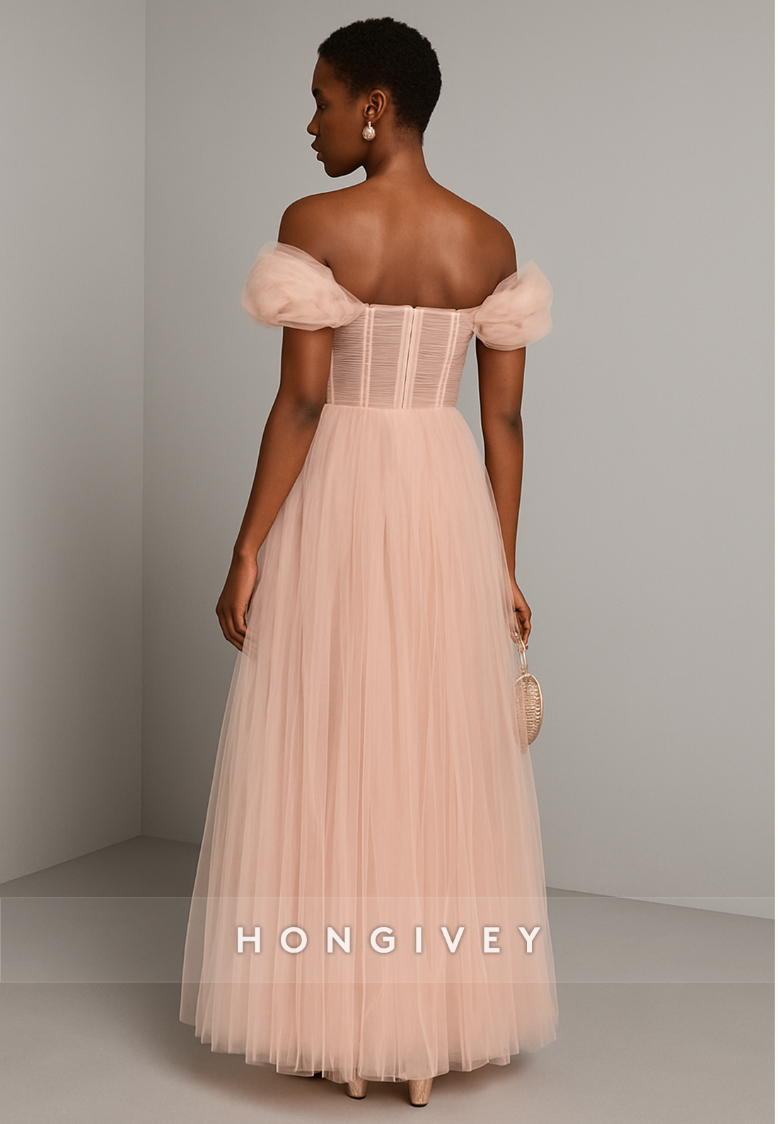 Blush Off the Shoulder Floor-Length A-Line Ruched Tulle Evening Gowns