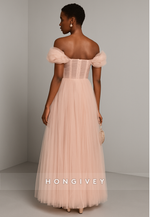 Blush Off the Shoulder Floor-Length A-Line Ruched Tulle Evening Gowns