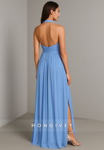 Halter Low V-Neck Column Backless Floor-Length Evening Gowns with High Slit