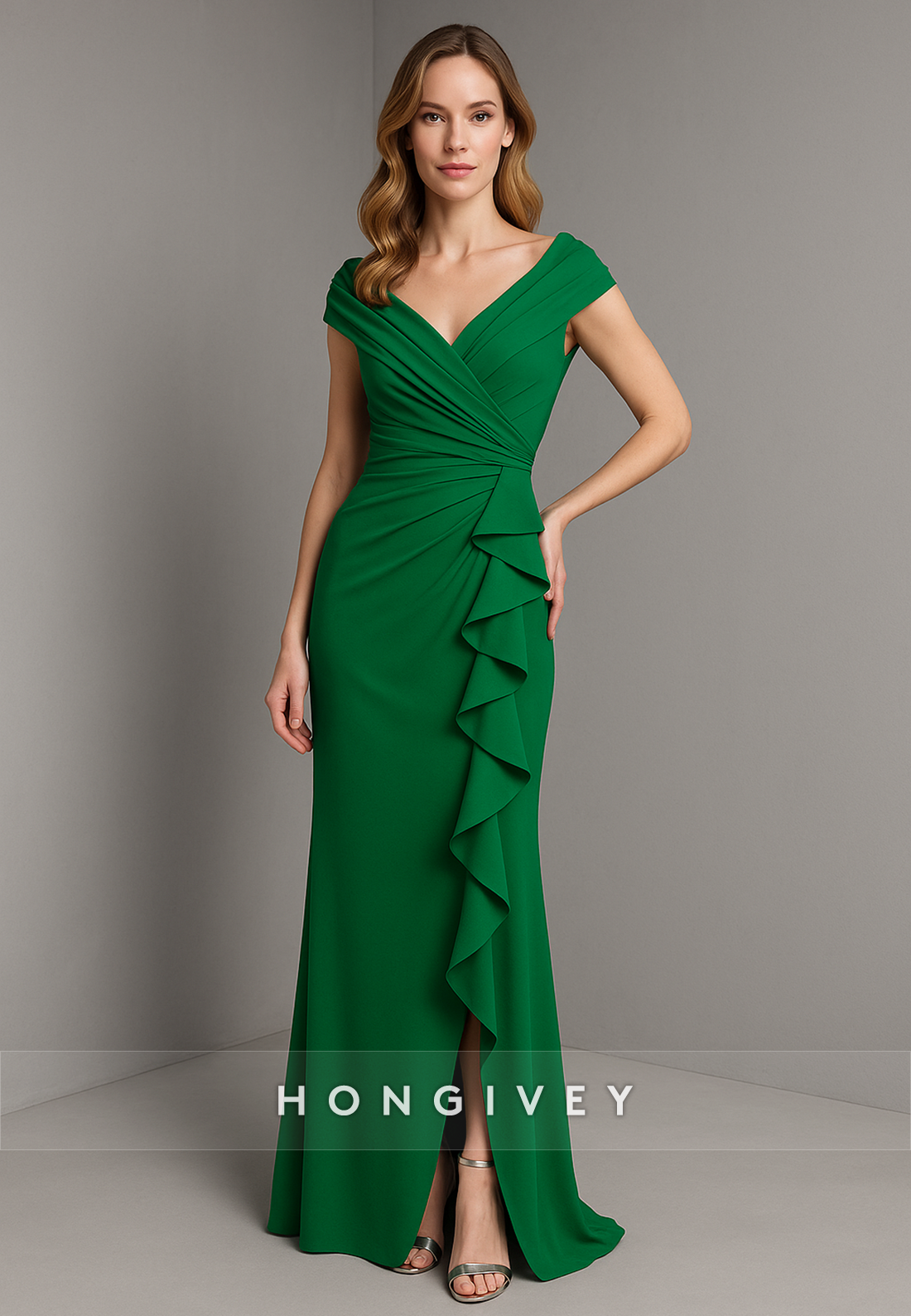 Emerald V Back Cap Sleeves V-Neck Ruched Mermaid Evening Gowns with Side Slit