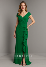 Emerald V Back Cap Sleeves V-Neck Ruched Mermaid Evening Gowns with Side Slit