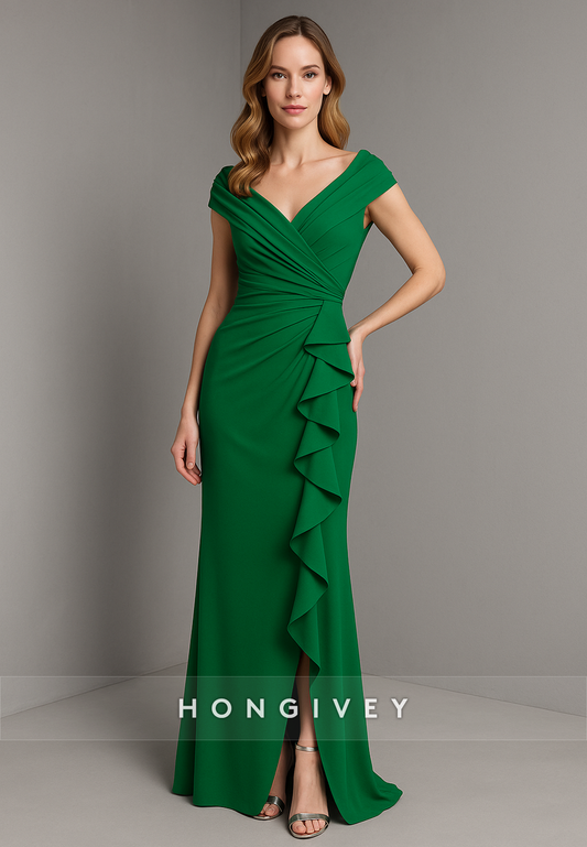 Emerald V Back Cap Sleeves V-Neck Ruched Mermaid Evening Gowns with Side Slit