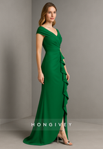 Emerald V Back Cap Sleeves V-Neck Ruched Mermaid Evening Gowns with Side Slit