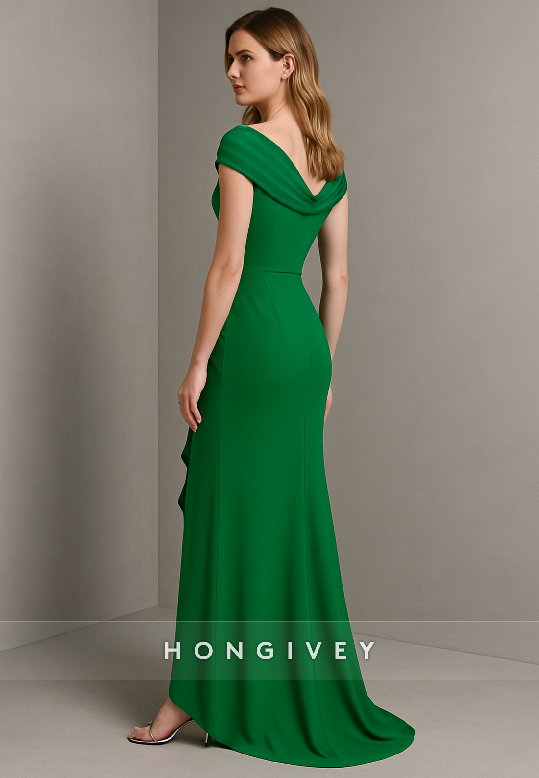 Emerald V Back Cap Sleeves V-Neck Ruched Mermaid Evening Gowns with Side Slit