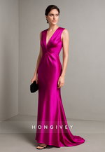 Low V-Neck Satin Pleated Satin Column Low Back Sleeveless Evening Gowns