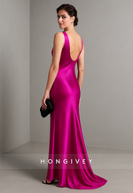 Low V-Neck Satin Pleated Satin Column Low Back Sleeveless Evening Gowns