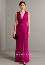 Low V-Neck Satin Pleated Satin Column Low Back Sleeveless Evening Gowns
