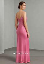 Spaghetti Straps Floor-Length V-Neck Evening Gowns with Lace