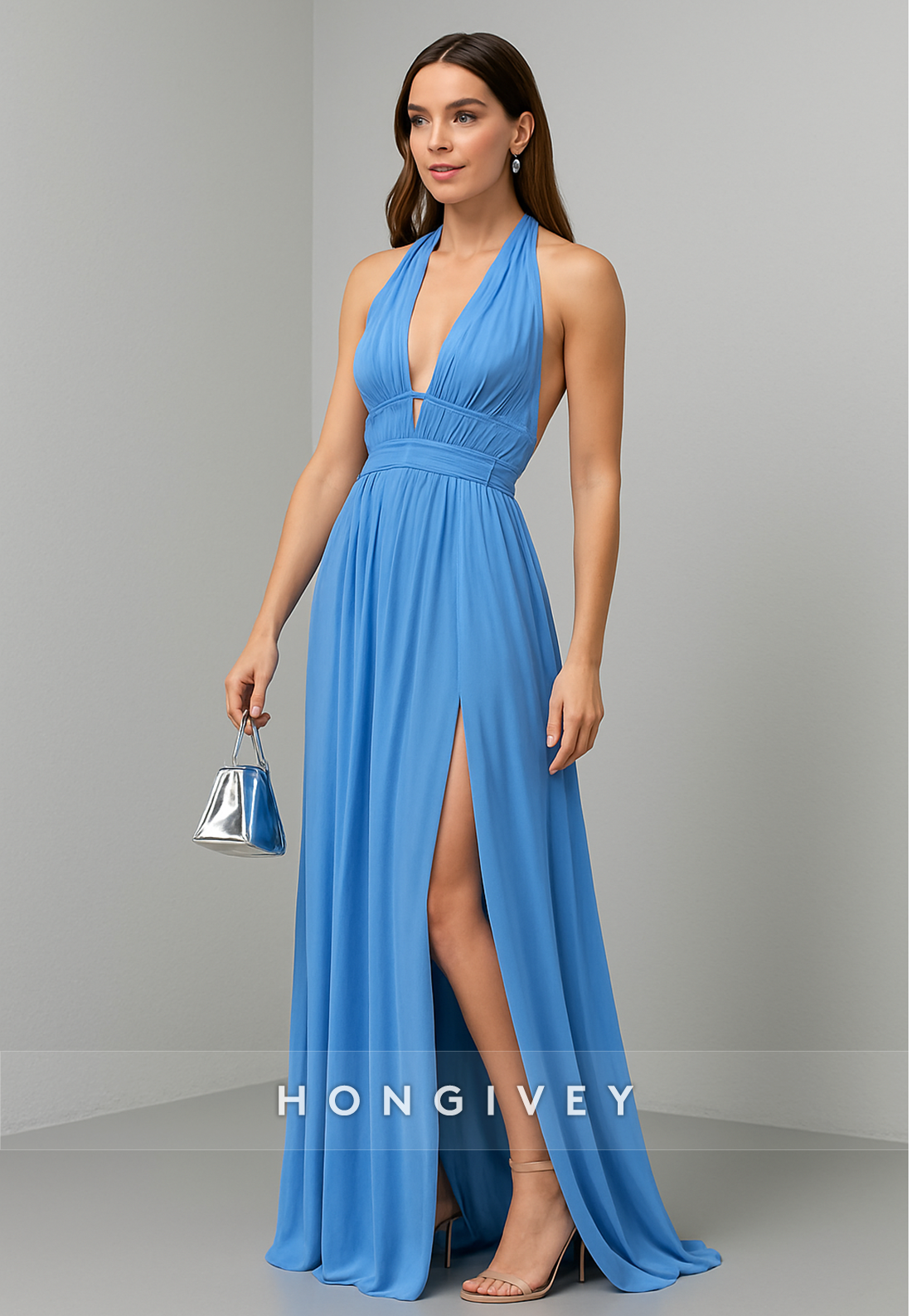 Halter Low V-Neck Column Backless Floor-Length Evening Gowns with High Slit
