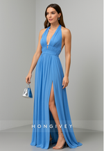 Halter Low V-Neck Column Backless Floor-Length Evening Gowns with High Slit