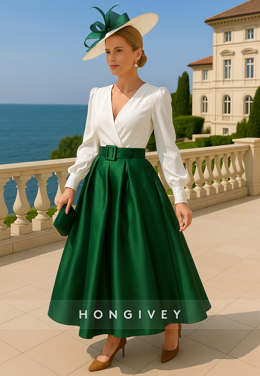 Long Sleeves Satin Ankle-Length waistband V-Neck Pleated V Back Mother of Bride Dresses