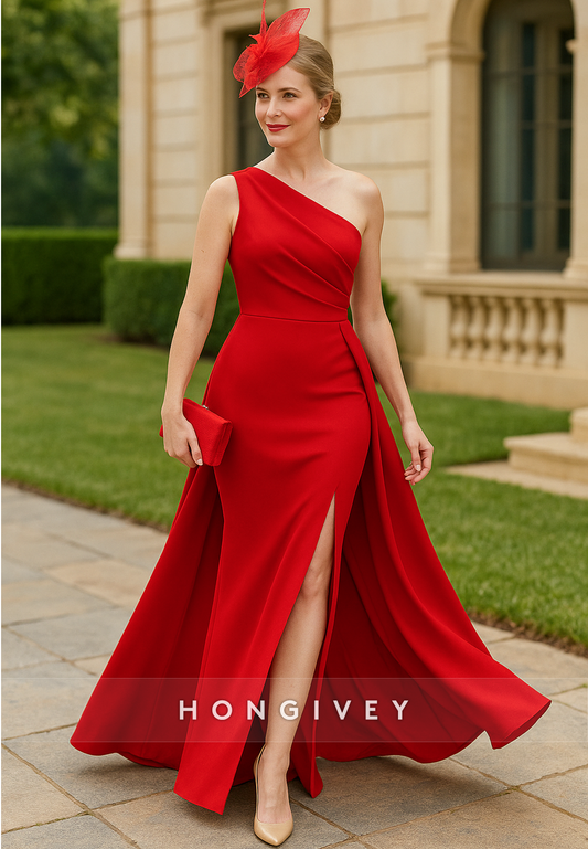 One Shoulder Pleated High Slit Sheath Floor-Length Sleeveless Mother of Bride Dresses