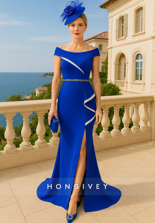 High Slit Bateau Neck Trumpet Pleated Sweep Train Cap Sleeves Mother of Bride Dresses