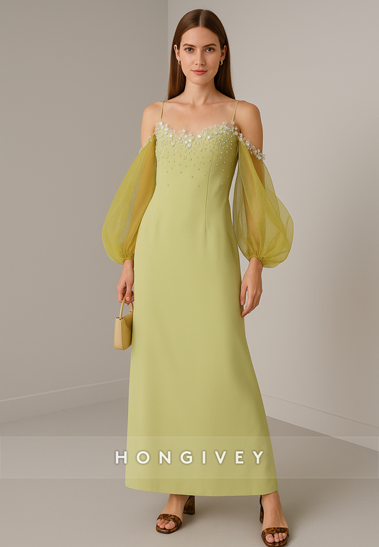 Spaghetti Straps Ankle-Length Evening Gowns Off-Shoulder Flowers A-Line Mother of the Bride Dresses