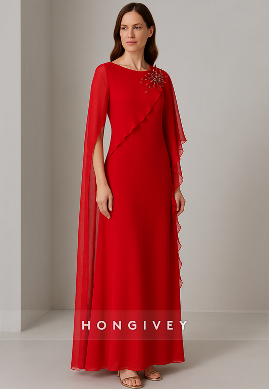 Ankle-Length Scoop Mother of the Bride Dresses Flutter Sleeves Pleated Chiffon Evening Gowns