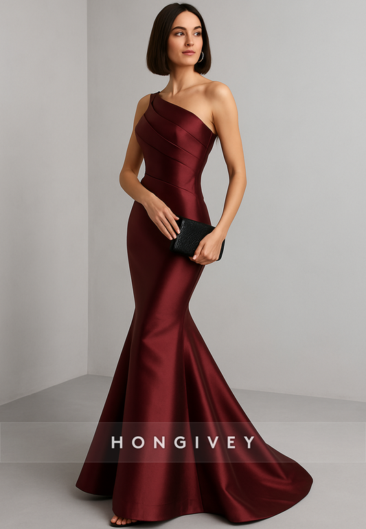 One Shoulder Floor-Length Mother of the Bride Dresses Mermaid Sleeveless Pleated Satin Evening Gowns