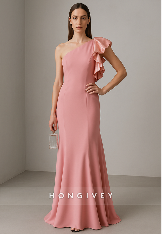 One Shoulder Low Back Floor-Length Pleated Trumpet Evening Gowns