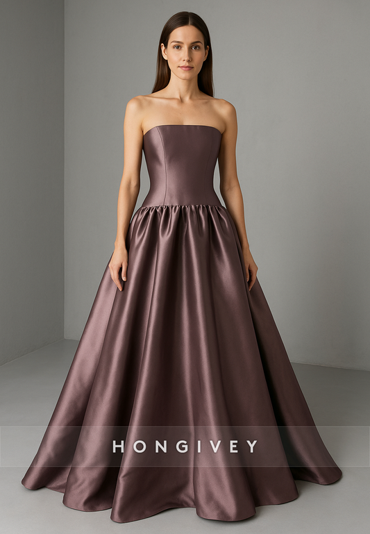 Strapless Satin Floor-Length Sleeveless Pleated Princess Evening Gowns