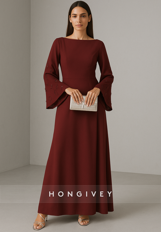 Bell Sleeves Pleated Bateau Neck Ankle-Length A-Line Evening Gowns