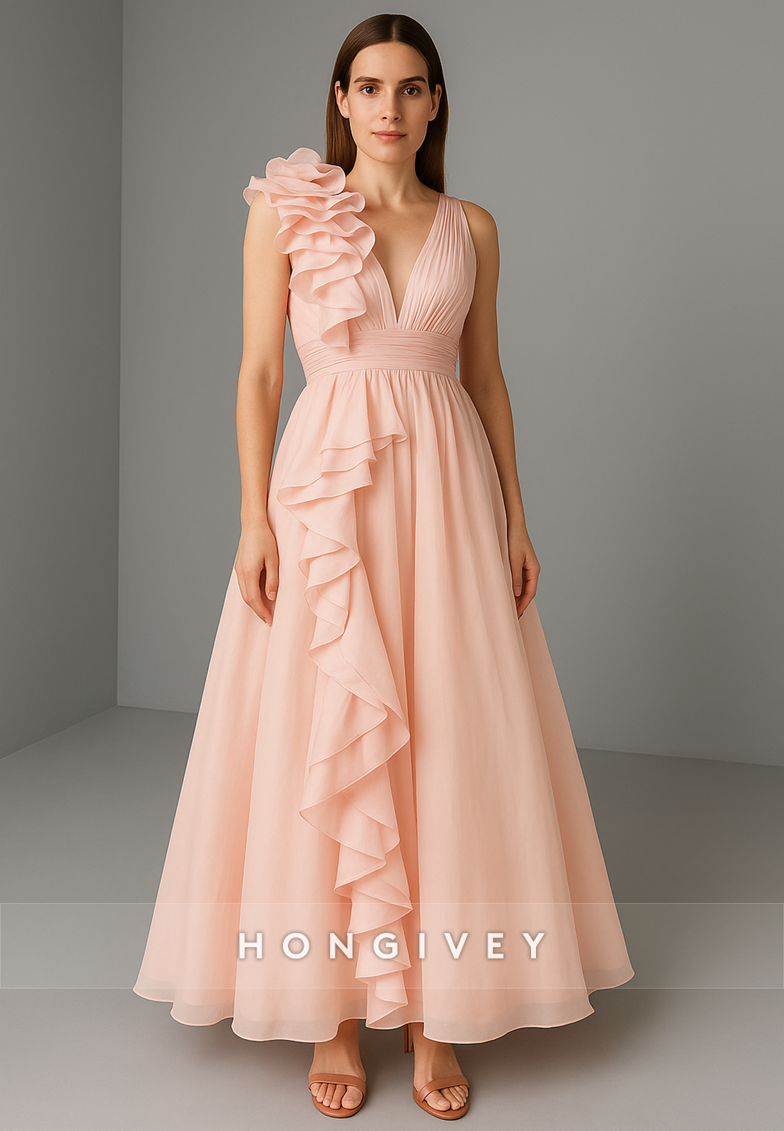 V-Neck Regular Straps A-Line Ankle-Length V Back Evening Gowns with Ruffles