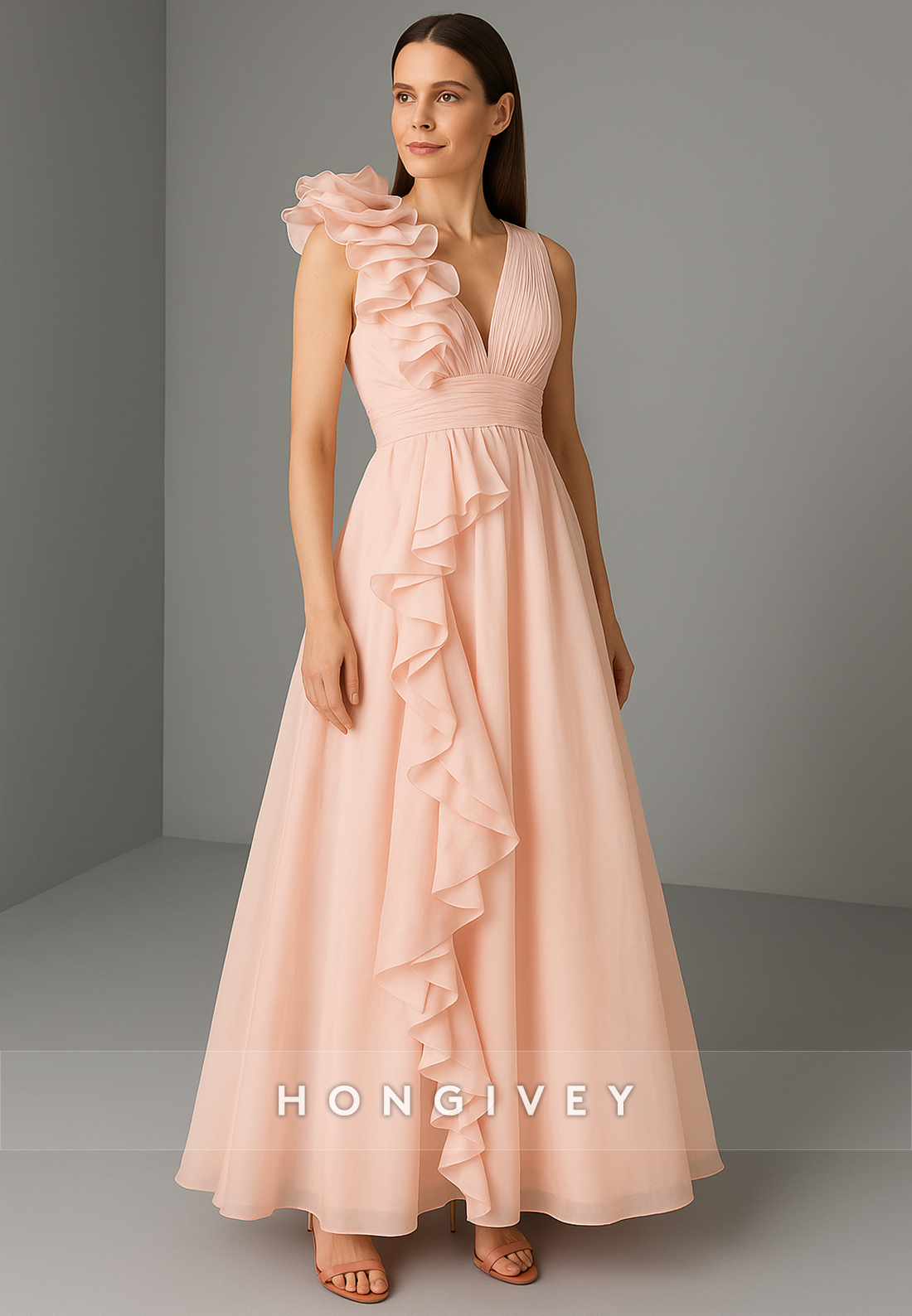 V-Neck Regular Straps A-Line Ankle-Length V Back Evening Gowns with Ruffles