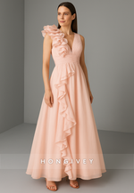 V-Neck Regular Straps A-Line Ankle-Length V Back Evening Gowns with Ruffles