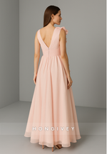 V-Neck Regular Straps A-Line Ankle-Length V Back Evening Gowns with Ruffles