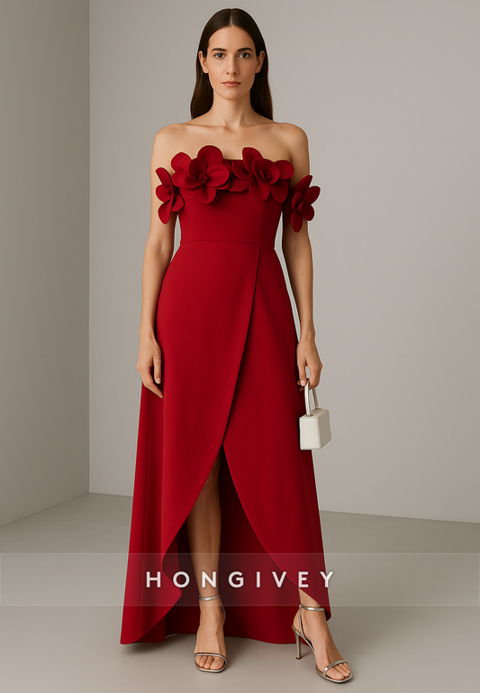 Elegant Off the Shoulder Flowers Pleated A-Line Asymmetrical Evening Gowns