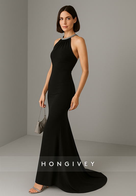 Sleeveless Pleated Halter Simple Floor-Length Mermaid Evening Gowns