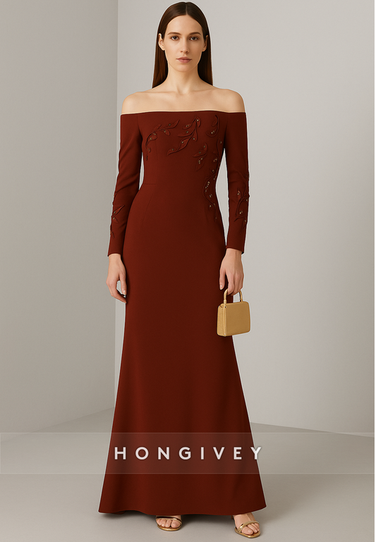 Long Sleeves Simple Mother of the Bride Dresses Off the Shoulder Appliqued Trumpet Evening Gowns