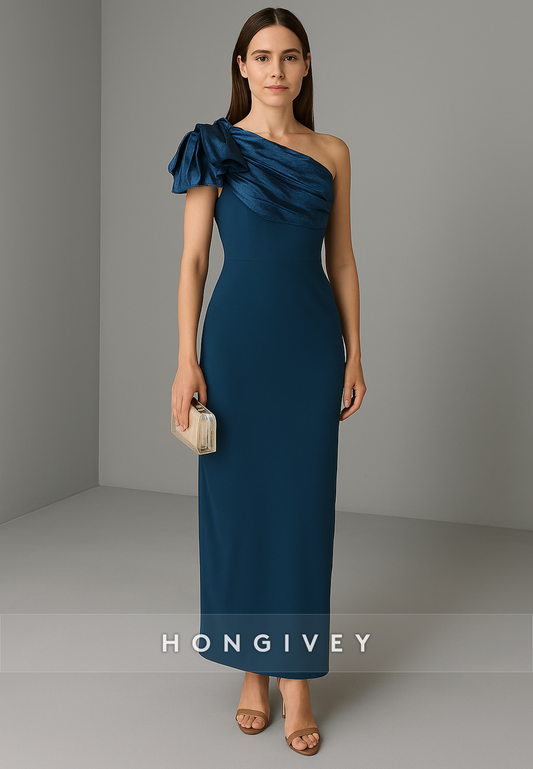 Elegant One Shoulder Pleated Ankle-Length Pleated Evening Gowns