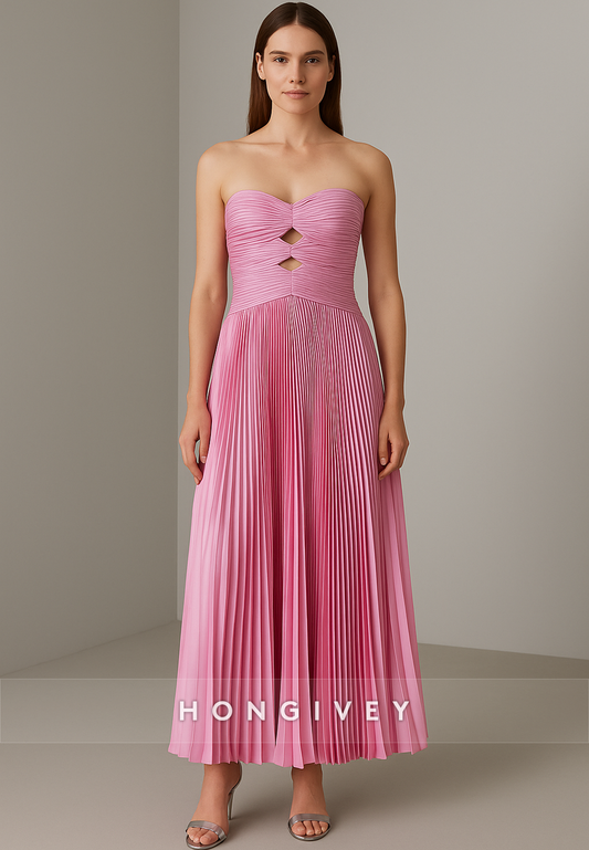 Strapless Pleated Ruched A-Line Sleeveless Ankle-Length Evening Gowns