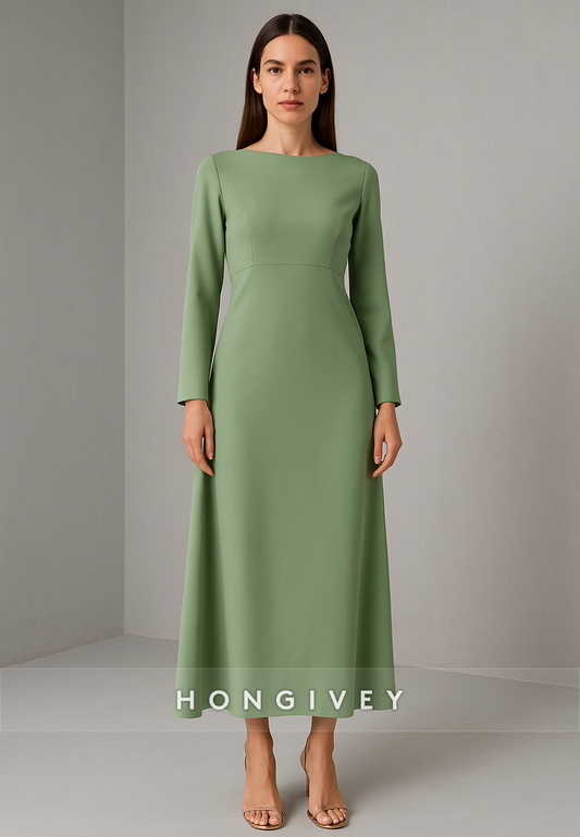 Long Sleeves Simple Pleated Tea-Length A-Line Evening Gowns
