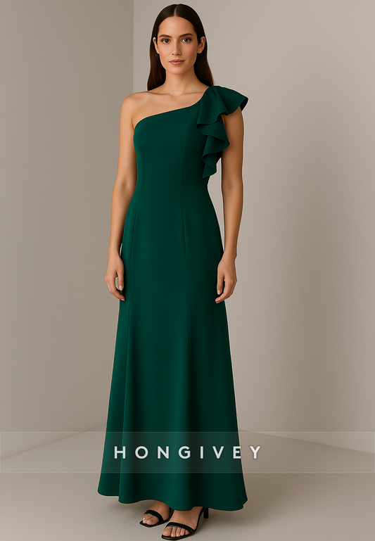 Low Back One Shoulder A-Line Pleated Ankle-Length Evening Gowns