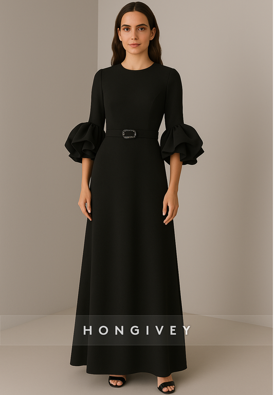 Scoop Pleated 3/4 Sleeve Formal Gowns A-Line Waistband Ankle-Length Evening Gowns