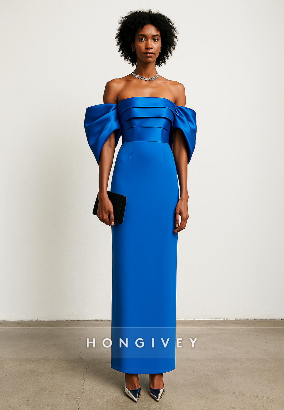 Royal Blue Column Satin Off the Shoulder Ankle-Length Evening Gowns