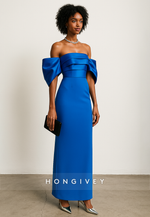Royal Blue Column Satin Off the Shoulder Ankle-Length Evening Gowns