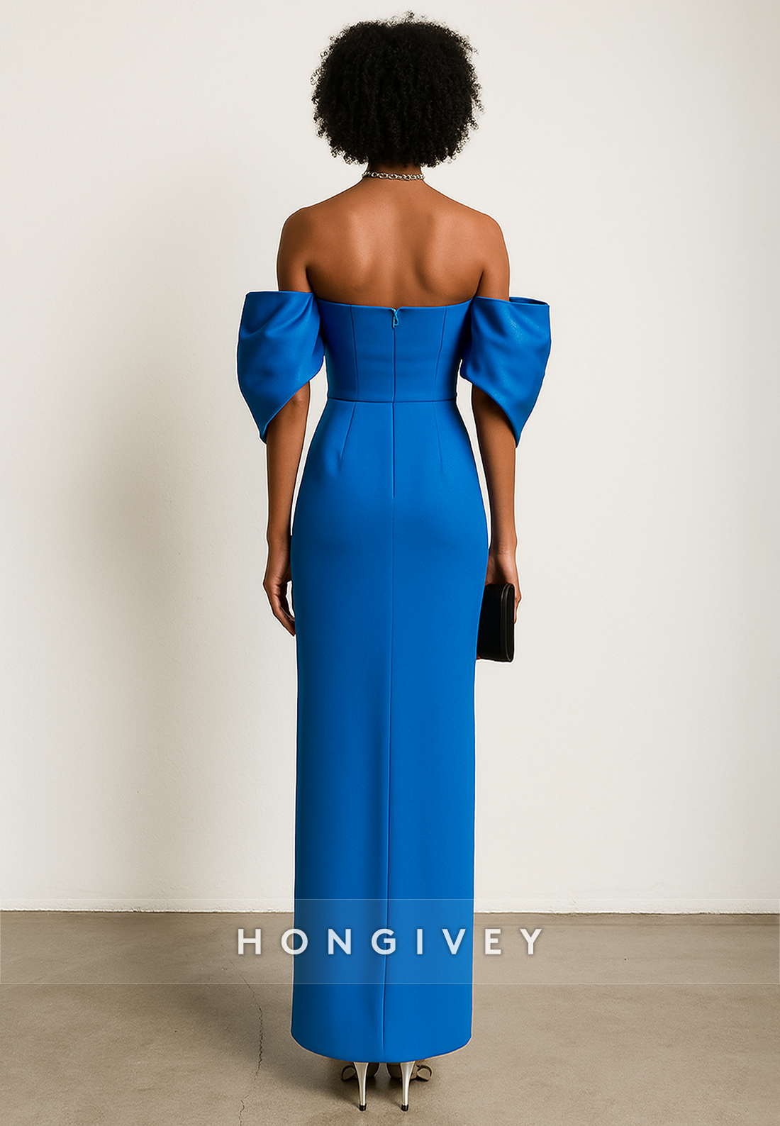 Royal Blue Column Satin Off the Shoulder Ankle-Length Evening Gowns