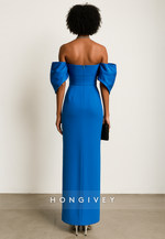 Royal Blue Column Satin Off the Shoulder Ankle-Length Evening Gowns