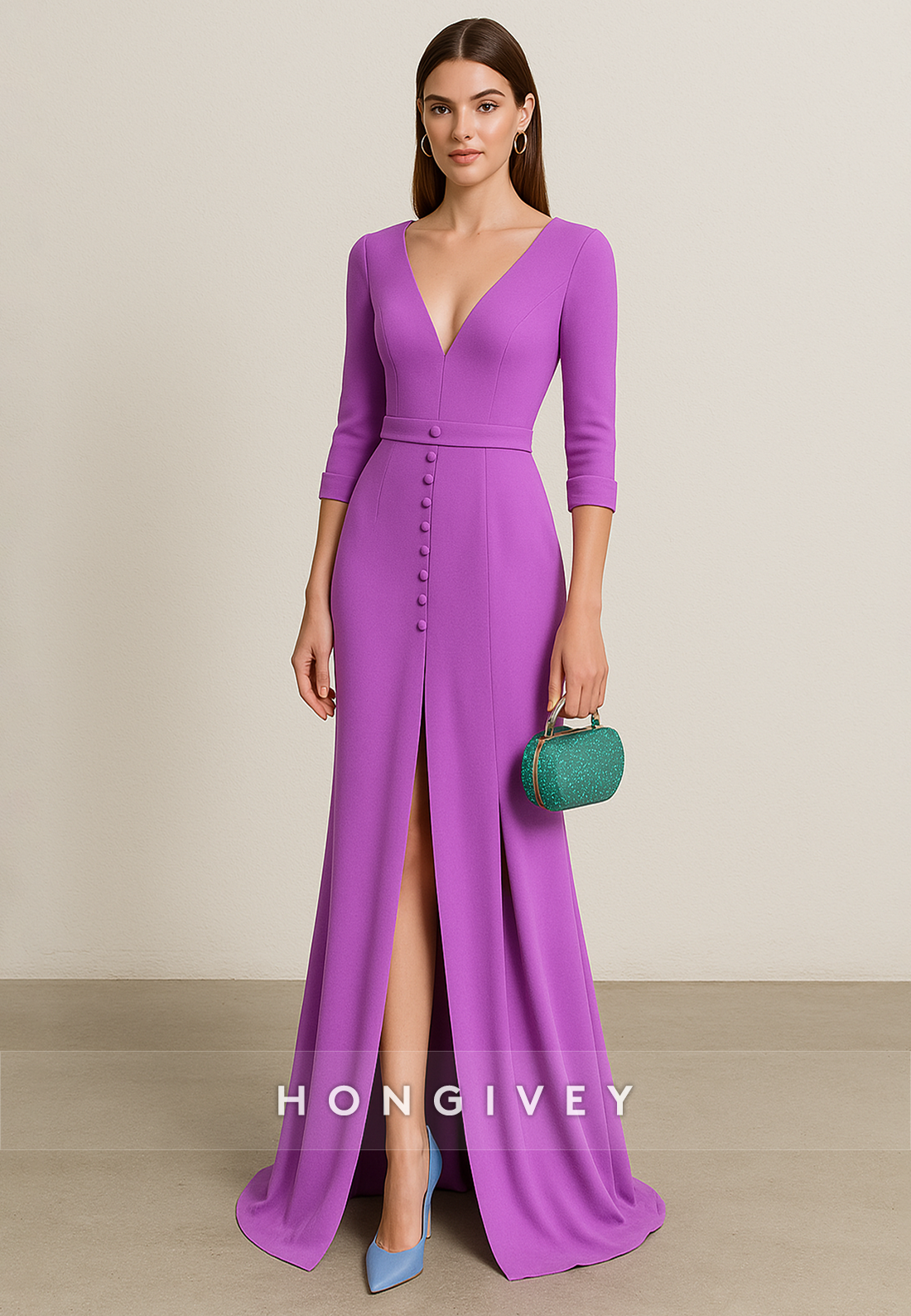 3/4 Sleeve Low V-Neck V Back High Slit Floor-Length Trumpet Evening Gowns