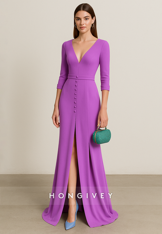 3/4 Sleeve Low V-Neck V Back High Slit Floor-Length Trumpet Evening Gowns