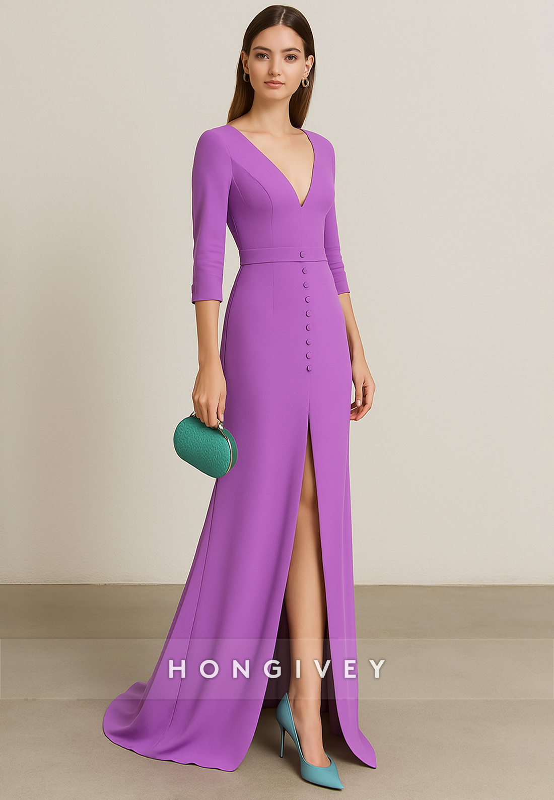 3/4 Sleeve Low V-Neck V Back High Slit Floor-Length Trumpet Evening Gowns