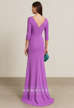 3/4 Sleeve Low V-Neck V Back High Slit Floor-Length Trumpet Evening Gowns